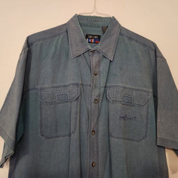 Against‎ The Elements Shirt Button Up Blue Heathered Fish Shark Pockets 2XL - Picture 2 of 11